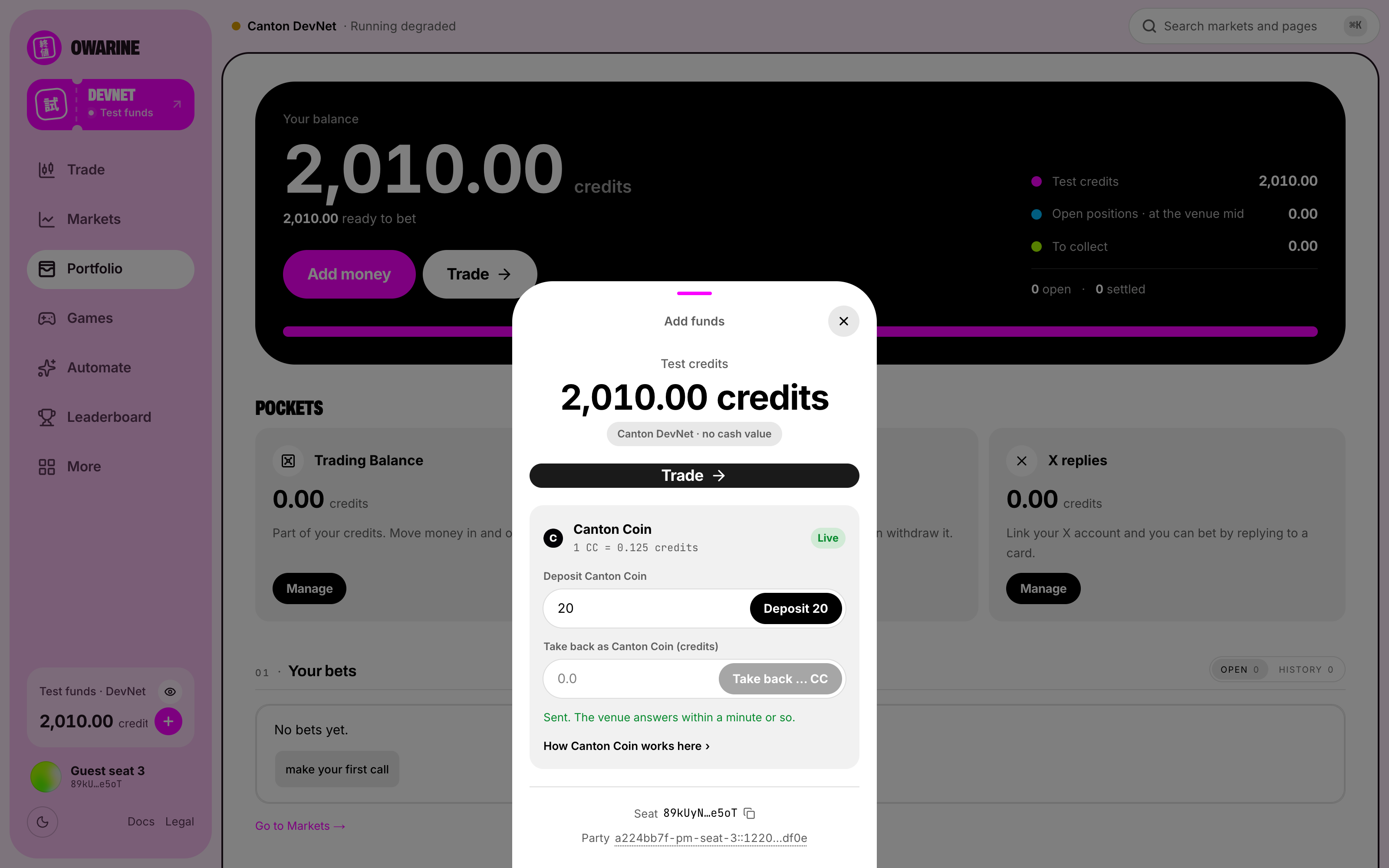 Hosted Add funds dialog after a 20 Canton Coin deposit, with 2,010.00 test credits and the displayed conversion rate of 0.125 credits per Canton Coin.