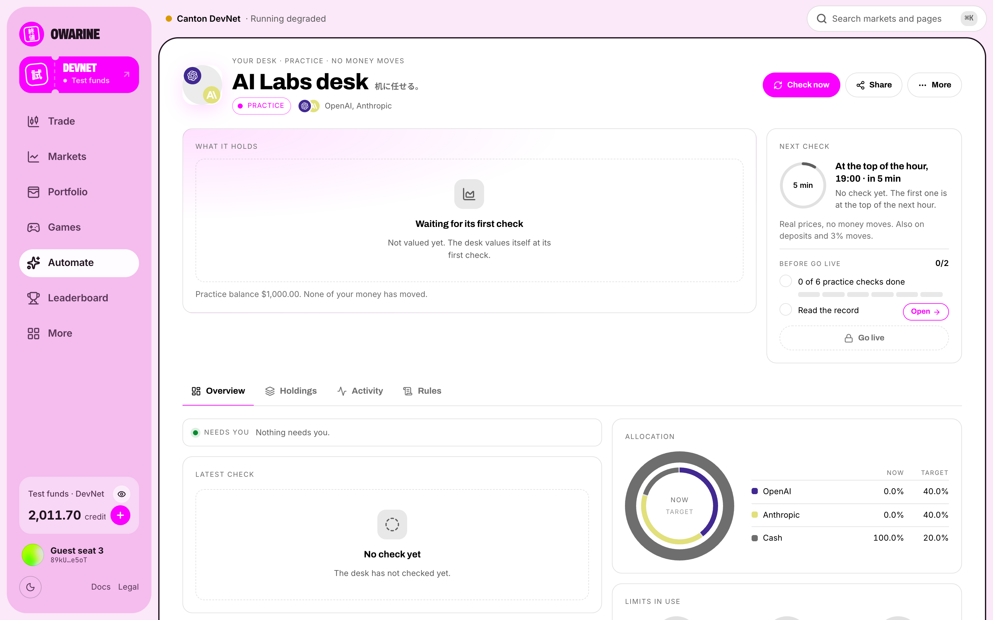 Hosted Owarine AI Labs practice desk showing a 1,000 dollar paper balance, target allocations and Waiting for its first check.